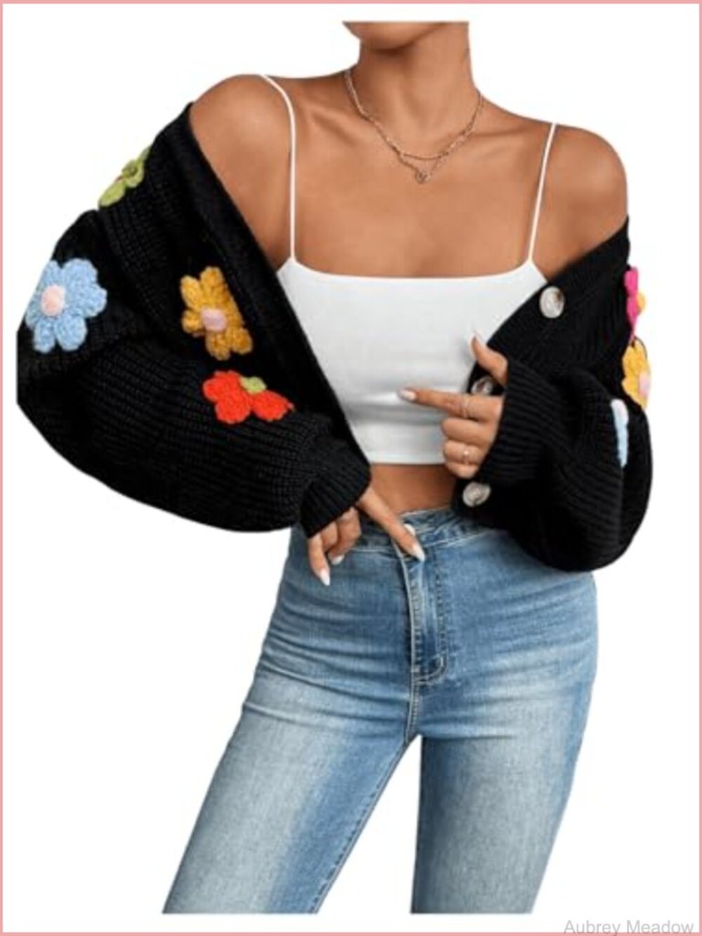 Women's Button Down V Neck Cropped Knitted Lantern Sleeve Cardigan Sweater - Picture 3 of 6